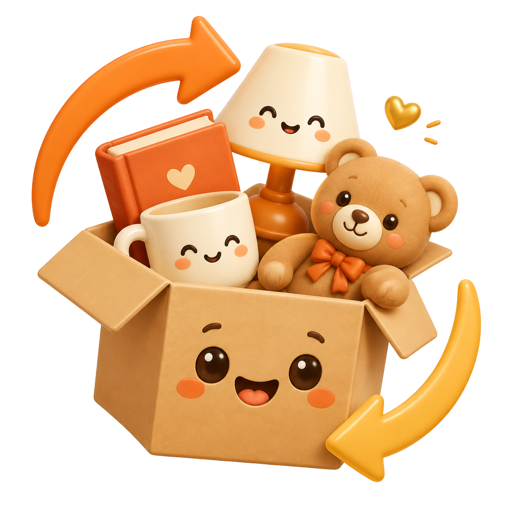 A smiling cardboard box with a lamp, book, mug and teddy bear, circled by swap arrows
